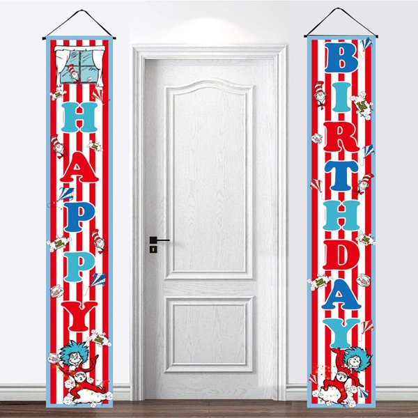 LOONELO Happy Birthday Porch Banner for Dr Seuss with 70.8X11.8 inches, Red and Blue Stripes Cartoon Window Kite Birthday Door Sign for the Cat in the Hat Birthday Party Decorations