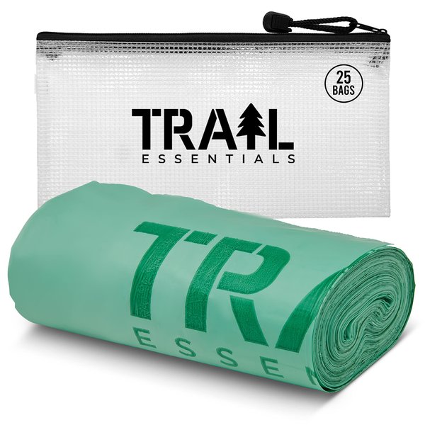 Trail Essentials 25 Count Biodegradable Toilet Bags, 5 Gallon Capacity, Convenient Carry Case