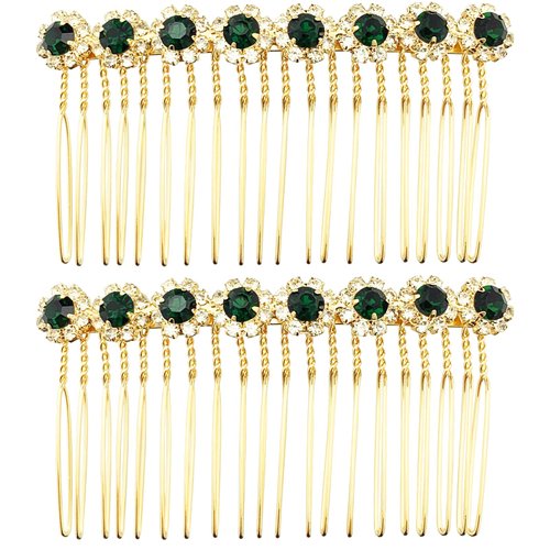 PRETTYLIFE Bridal Crystal Side Combs for Hair 2 Pieces Wedding Flower Alloy Rhinestone French Hair Pins Accessories for Women Girls (Dark Green)