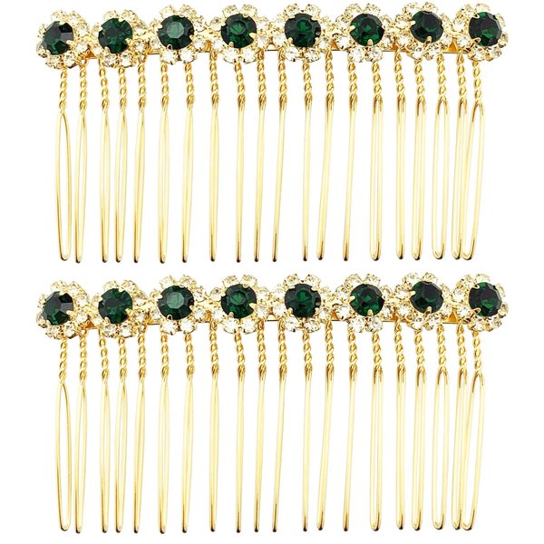 PRETTYLIFE Bridal Crystal Side Combs for Hair 2 Pieces Wedding Flower Alloy Rhinestone French Hair Pins Accessories for Women Girls (Dark Green)