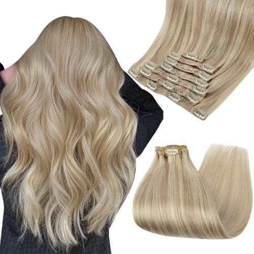Ugeat Clip in Hair Extensions Real Human Hair Blonde Highlights Double Weft Clip in Human Hair Extensions Ash Blonde with Blonde Human Hair Clip in Extensions Full Head 18 Inch 120Grams 7pcs