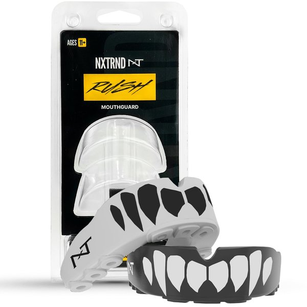 2 Pack Nxtrnd Rush Mouth Guard Sports, Professional Mouthguards for Boxing, Jiu Jitsu, MMA, Wrestling, Football, Lacrosse, and All Sports, Fits Adults, Youth, and Kids 11+ (B&W Fang)