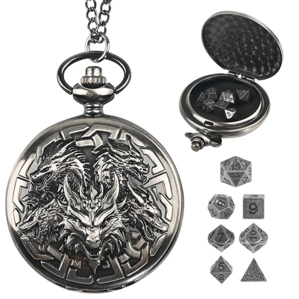 Banloga D&D Dice Set,7PCS Metal Dice Set for Dungeons and Dragons,Mini Dice Set with Pocket Watch Case,Role Playing Board Games Accessories (Dragon, Ancient Silver)