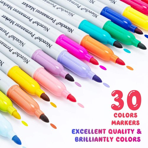 Nicecho Permanent Markers, 30 Colored Fine Point Marker Pens, Waterproof Marker Works on Paper, Plastic, Wood, Metal and Glass
