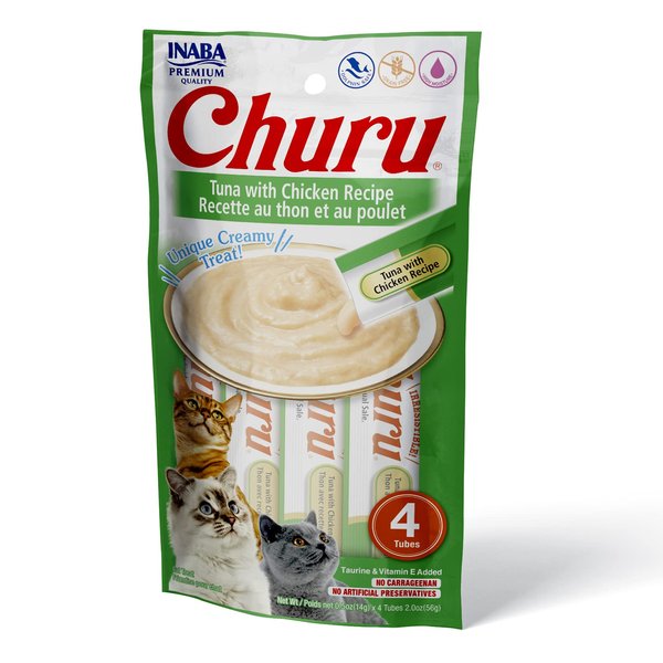 INABA Churu Lickable Purée Natural Cat Treats (Tuna with Chicken Recipe, 4 Tubes)
