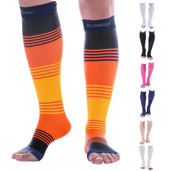 Doc Miller, Open Toe Compression Socks, 8-15 mmHg, Toeless, Support Circulation, Shin Splints, Calf Recovery, Varicose, Knee High, Medical Grade, Sun Stripes Socks, Small Size for Men & Women, Pair