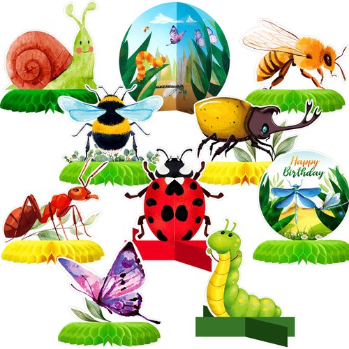 10 Pieces Bugs Party Decorations Kit Including 7 Bug Print Table Honeycomb Centerpieces and 3 Bug Cutouts Table Centerpieces Ladybug Decoration for Boys Girls Bug Themed Birthday Party Supplies
