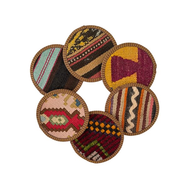 Kilim Fabric Coaster Set, Boho Coaster Set, Midwestern Coasters, Cloth Coaster Set, Authentic Turkish Kilim (6 Coasters)