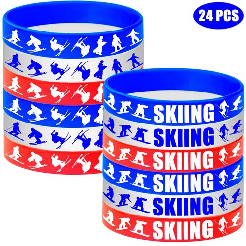 24PCS Skiing Themed Rubber Bracelets Sport Slicone Wristbands Snowboard/Skier Party Supplies Birthday Baby Shower Party Favors