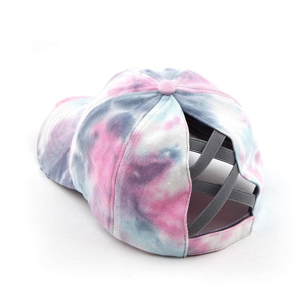 Funky Junque Criss Cross Hat Womens Baseball Cap Distressed Ponytail Messy Bun Trucker Ponycap (Tie Dye - Grey/Light Pink/Blue Mix)