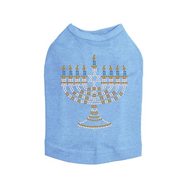 Menorah - Small - (Blue, Silver, & Gold) - Bling Rhinestone Hanukkah Dog Shirt, S Blue