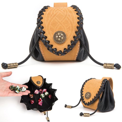 CHULEAG Crazy Horse Cowhide Leather & soft Sheep leather Vintage Medieval Belt Pouch, Handcrafted Fully, Portable Coin Purse for Ren Faire Costumes（Small, Hold 20 Dices）