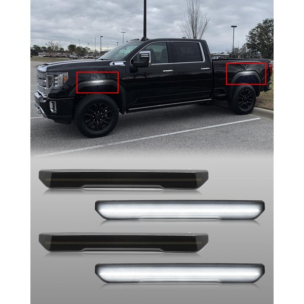 4Pcs Front & Rear LED Side Marker Light Compatible with Sierra 2500HD 3500HD 2020-2024 Pickup Side Parking Position Lamp Driver Passenger Front Rear Turn Signal Lamp (Smoked Lens Full White Light).