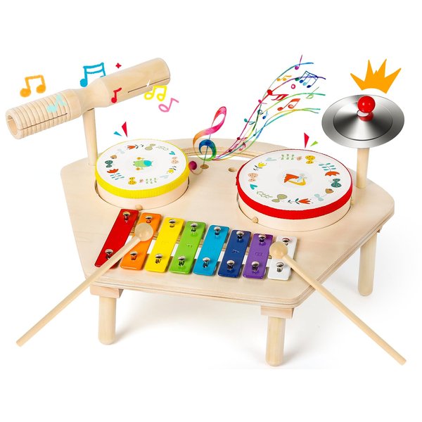 M SANMERSEN Kids Drum Set for Toddlers Baby Musical Instruments Toys, 7 in 1 Wooden Xylophone Drum Set Montessori Preschool Musical Toys Birthday Gifts for Boys Girls