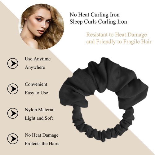 Overnight Hair Curlers for Long Hair | No Heat Curl Wrap with Soft Scrunchie (Black)