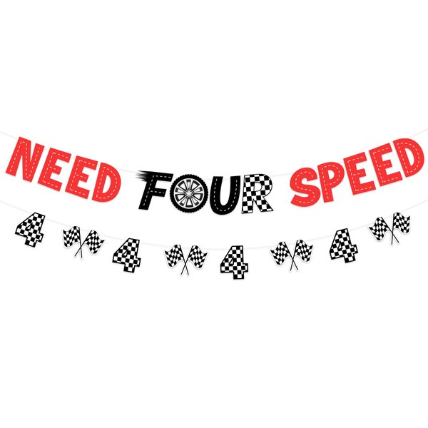 Sursurprise Need Four Speed Birthday Decorations, Need Four Speed Banner Checkered Flag Banner Kit, Race Car Theme 4th Birthday Party Supplies for Boys