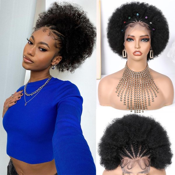 WIGER Afro Puff Lace Frontal Hair Wigs With Pre Made Cornrow Braided 13x4 Lace Kinky Curly Wig With Baby Hair for Black Women Pre Plucked Glueless Synthetic African American Wig for Daily Wear