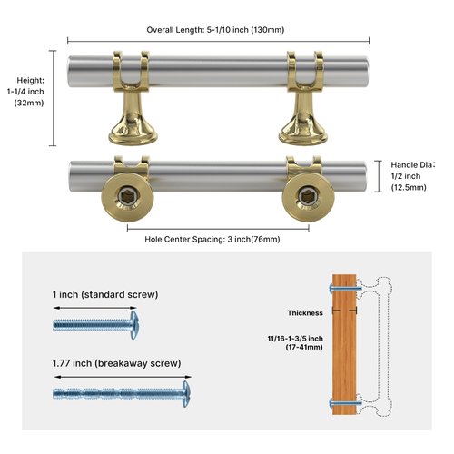 Haliwu 10 pack Brushed Nickel Cabinet Pulls, Cabinet Handles Brushed Nickel, Barrel Cabinet Handles Gold Kitchen Hardware Pulls, 3 inch Hole to Hole Center