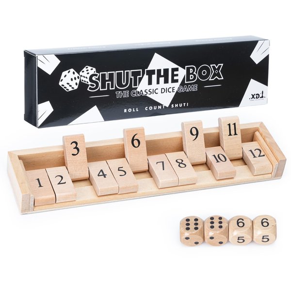Shut The Box Dice Game Board Game | Travel Size 11'' Wooden | 12 Numbers | 2 Classic Dice & 2 Number Dice | Storage Bag | Instructions | Math Learning Classroom | Kids, Adults