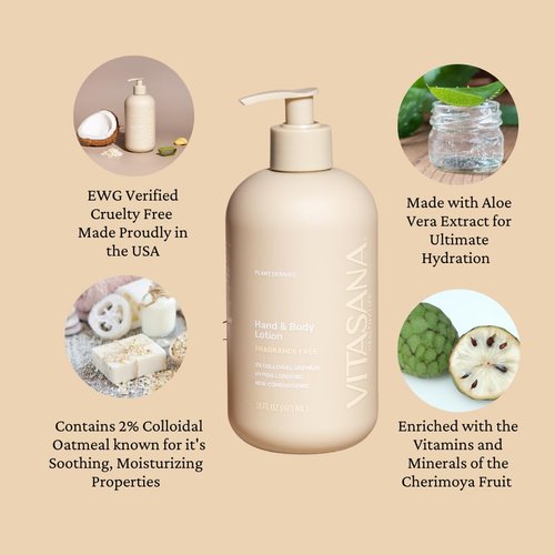 Vitasana Hand & Body Lotion, Plant-Derived, enriched with Colloidal Oatmeal. EWG Verified, Hypoallergenic, Cruelty-Free, Unscented, 16 Fl Oz