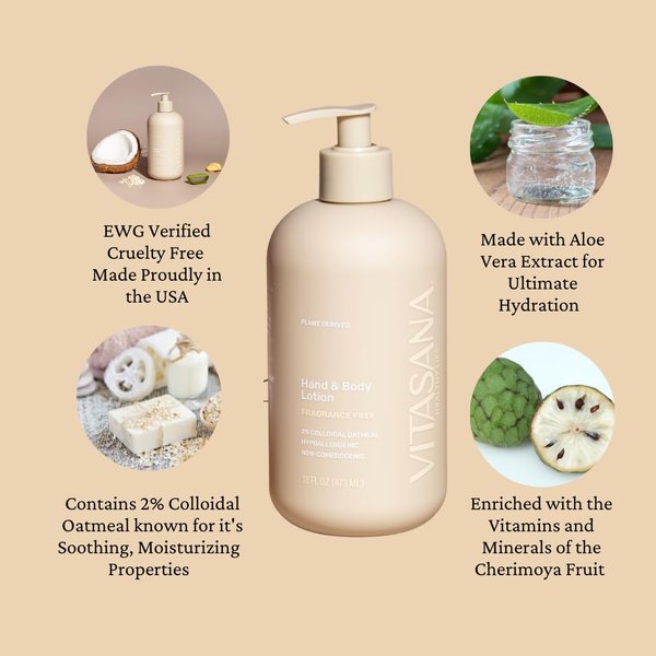 Vitasana Hand & Body Lotion, Plant-Derived, enriched with Colloidal Oatmeal. EWG Verified, Hypoallergenic, Cruelty-Free, Unscented, 16 Fl Oz