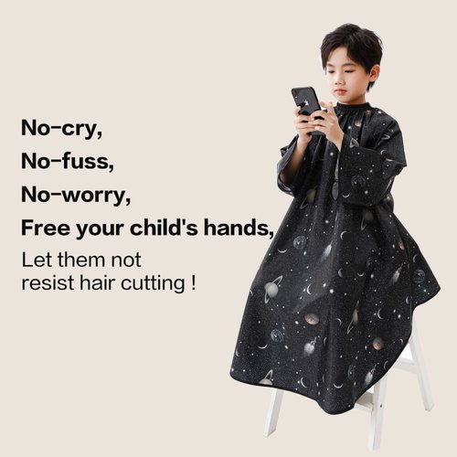 PERFEHAIR Kids Hair Cutting Cape with Sleeves, Kids Barber Cape Haircut Cape for Boy & Girls, Professional Salon or Home Hair Cut Cape-Black Space Printing