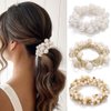 Fashey Pearl Hair Ties Rhinestone Ponytail Holder 3 Pcs Flower Hair Scrunchies Beaded Elastic Hairband Hair Accessories for Women (type B)