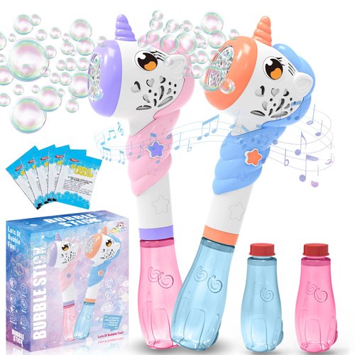 2PCS Automatic Bubble Machine Guns, Bubble Maker with Light & Music for Girls Boys, Outdoor Unicorn Bubble Maker Wand with 2 Bubble Solution, Outdoor Party Birthday Toys Gift for Adults Kids