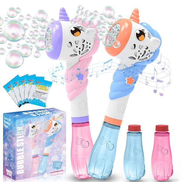 2PCS Automatic Bubble Machine Guns, Bubble Maker with Light & Music for Girls Boys, Outdoor Unicorn Bubble Maker Wand with 2 Bubble Solution, Outdoor Party Birthday Toys Gift for Adults Kids