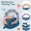 Vicloon Baby Teether Toys, Silicone & Natural Wood Teether Ring, Baby Teething Toys for Babies 3 Months+, Silicone Chewable Rings for Newborn Gift（Blue）