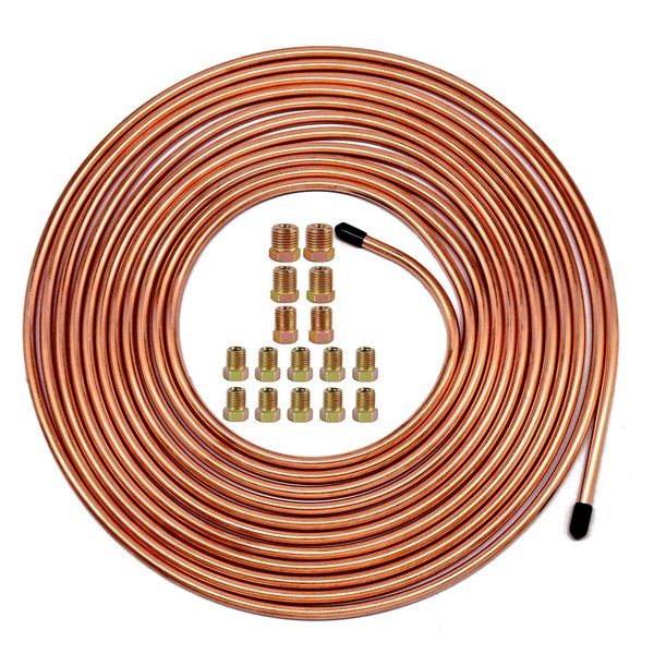 MuHize Upgraded Brake Line Tubing Kit - 25 Ft. of 3/16 Copper Coated Flexible Tube, Roll 25 ft 3/16" (Includes 16 Fittings)