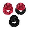 Yonchic 3-Piece Rose Satin Silk Scrunchies, Flower Elastics Hair Tie for Women Jewelry Rubber Band Ponytail Holders for Girls, Hair Accessories (Red, Black)