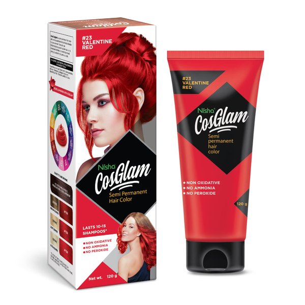 Nisha Cosglam Vegan And Cruelty Free Semi Permanent Hair Color, Bright Red Hair Dye With Infused Conditioner | No Ammonia, Hair Highlights For Long Hair -120g / 4.06 Fl Oz (#23 Valentine Red)