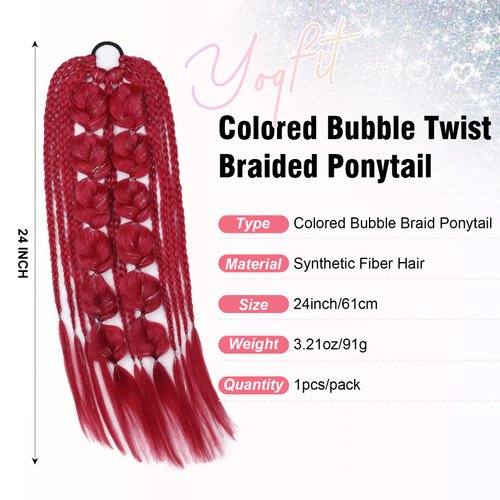 YOGFIT Colored Hair Extensions Long Braided Bubble Ponytail Extension with Hair Tie, 24'' Crazy Hair Day Accessories for Women Festival Rave Braids, Red Hair Extensions with Tinsel