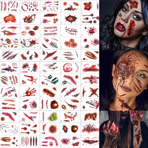 60 PCS Halloween Makeup Face Tattoos Halloween Prank Makeup Scary Fake Tattoos Scar Face Decals Prank Props for Halloween Cosplay Party DIY