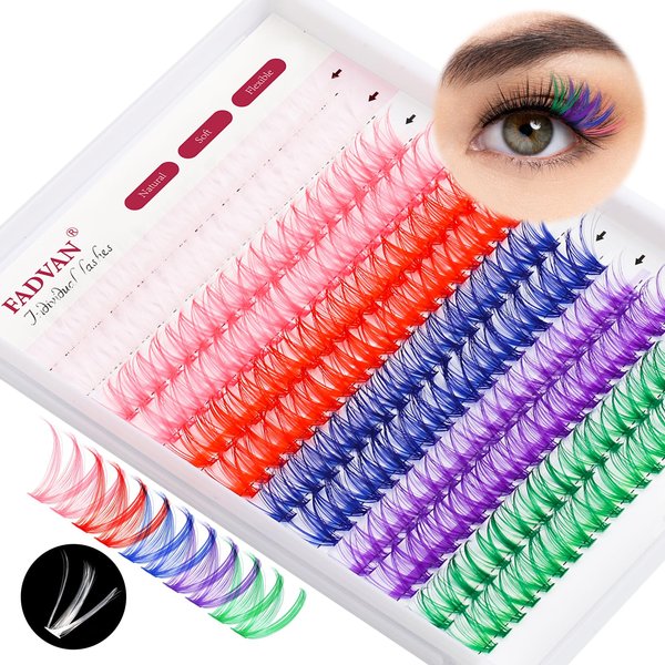 FADVAN Colored Lash Clusters 240Pcs Individual Lashes D Curl 14mm/16mm Colored Cluster Lashes 40D Colorful Eyelash Clusters 6 Colors Fluffy Wispy DIY Lash Extensions Clusters at Home (14MM+16MM Mixed)