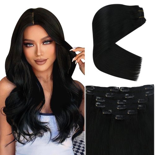 Ve Sunny Black Clip in Hair Extensions Real Human Hair 24inch Clip on Hair Extensions Jet Black Long Hair Extensions Clip ins for Women Black Human Hair Clip in Extensions 7pcs 120g