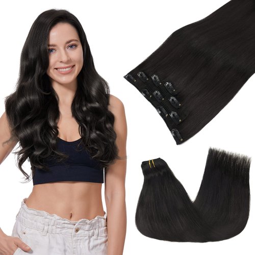 GOO GOO Clip in Hair Extensions Real Human Hair, 16inch 65g 4Pcs, 1B Natural black, Remy Human Hair Extensions Clip ins for Women, Natural Human Hair