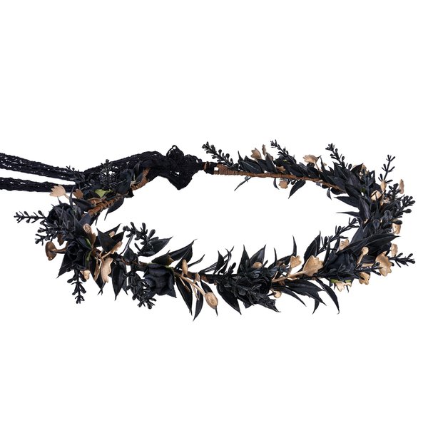 MOSTORY Handmade Elf Black Flower Crown - Gothic Adjustable Floral Tiara Headband Dark Fairy Hair Wreath Medieval Accessory for Halloween Carnival Wedding Cosplay Mardi Gras