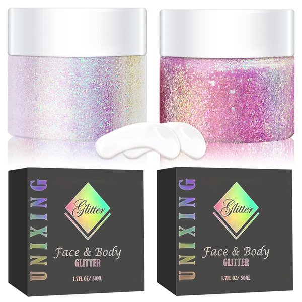 2 Pack Holographic Body Glitter Gel for Body, Face, Hair and Lip Color Changing Sparkling Face Glitter Gel for Music Festival Halloween Concerts Art Party Rave (Neon Pink + Pink Chameleon)