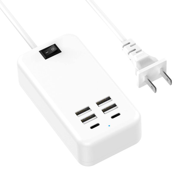 USB Charger, Flymic 6 Port USB Charger Station for Multiple Devices USB Power Strip USB C Charger Block USB Charging Hub for iPhone 14/13 Pro Max/13 Pro/13,iPad Pro,Switch, Galaxy S21 (White)