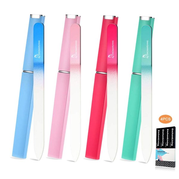 ENCHANTLIVING 4 Pack Glass Nail Files with Case,Crystal Glass Fingernail Files,Double Sided Glass Nail File,Nail Care Nail File,Gifts for Women and Girls,Individual Packaging