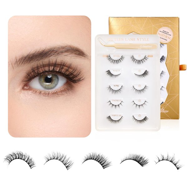Beetles Easy Lashes False Eyelashes Essential Collection 5 pairs of Mixed Super Natural with tweezers Wispy Fluffy Fake Lashes for Women Strip Lashes Eyelash Extension Kit Faux Mink Eyelashes 14 mm 3D