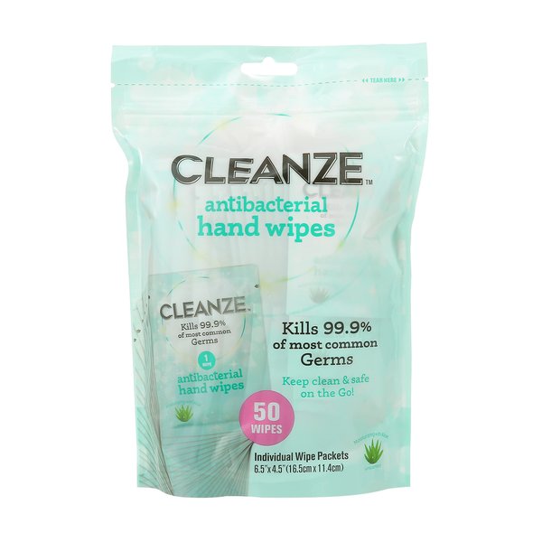 Cleanze Antibacterial Hand Sanitizing Individual Hand Wipe Packets, 50 Unscented Disinfecting Hand Sanitizer Wipes with Aloe for Travel, Kills 99.9% of Germs
