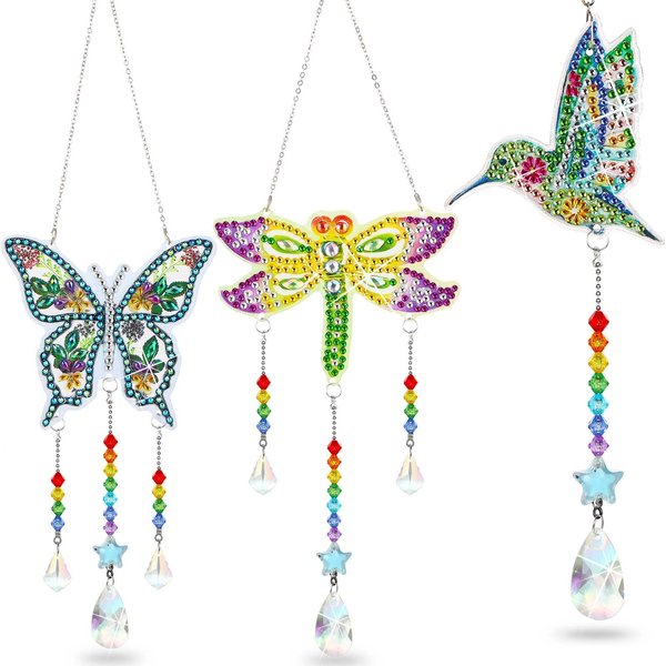 Jetec 3 Pieces Painting Suncatcher Wind Chime Double Sided Crystal Gem Paint by Number Hanging Ornament for Home Garden Adults Kids (Dragonfly, Butterfly, Hummingbird)