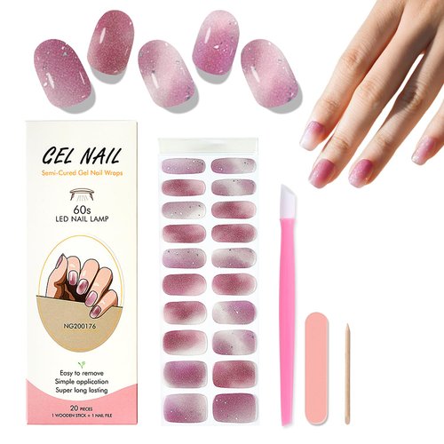 WOKOTO Semi Cured Gel Nail Strips, Gradient Pink Glittery Gel Nail Polish Stickers Full Wraps for Women, Easy to Apply&Remove, with Nail File & Wood Stick (UV/Led Lamp Required)