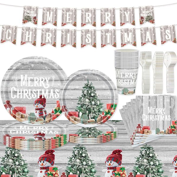 Christmas Plates Disposable Party Set, 170 Pcs MERRY CHRISTMAS Banner Tablecloths Plates Paper Napkins Cups Plastic Knifes Forks Spoons for Christmas Dinner Christmas Party Decorations Supplies
