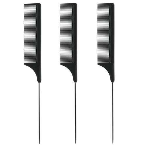 3Pcs Rat Tail Comb Parting Comb，Steel Pin Rat Tail Carbon Fiber Heat Resistant Teasing Combs with Stainless Steel Pintail for Hair Rat tail Combs Salon，Hair Combs for Women(Purple|Black|Pink)