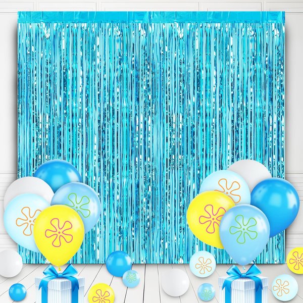 22Pcs Cartoon Baby Birthday Decorations, Aquamarine 3.3x8.2ft Tinsel Foil Fringe Curtains Banner and Cute Flowers Bubbles Balloons for Cute Theme Party Decorations Boys and Girls Party Supplies