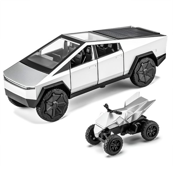 stoytto Cybertruck Pickup RV Model with Motorcycle, Metal Pick-Up Truck Toy, Toy Truck with Sound/Light/Pull Back/Realistic Interior Exterior,Ideal Toy Car Vehicle Gifts